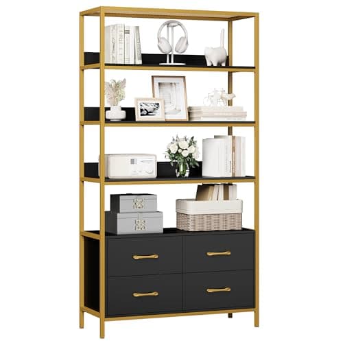 HITHOS 5 Tier Modern Wood Bookshelf with Drawers, 71" Tall Storage Cabinet