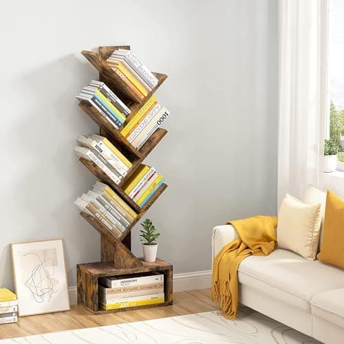 Hectieon 6 Tier Tall Bookcase with Drawer, Rustic Brown
