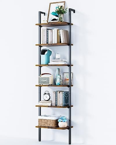 6 Tier ODK Black Metal Ladder Bookshelf, Wall Mounted