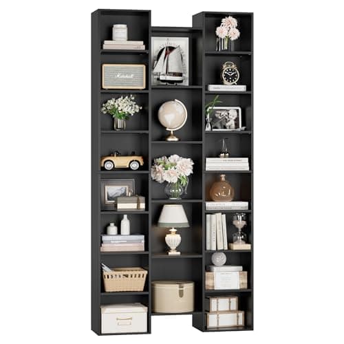Fotosok 71" Tall Black Bookshelf, 8 Tier Media Storage Rack, Adjustable Shelves, Home Office Organizer