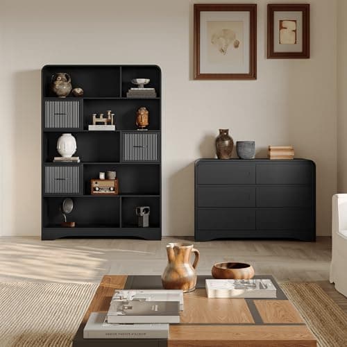 Tall Black 48" Modern 5-Tier Bookshelf with Drawers and StorageBins