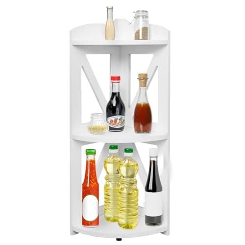 Natural Wood 3 Tier Corner Bookshelf, Plant Stand, Living Room, Home Office, Bedroom (White)