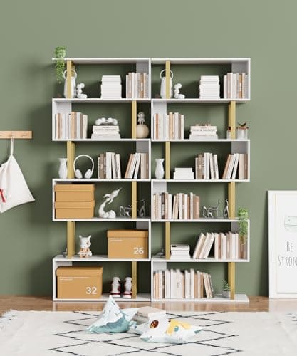 Gadroad 6-Tier Geometric Wood Bookcase, Tall Freestanding Shelf for Living Room or Bedroom