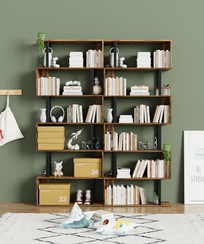 Gadroad 6 Tier Geometric S-Shaped Bookcase, Rustic Brown, Living Room Bedroom Storage