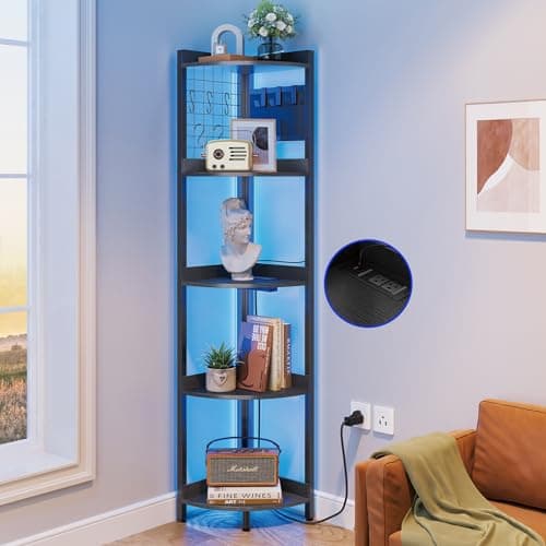 Dripex 5 Tier Black Corner Shelf with Power Outlets & Strip Lights