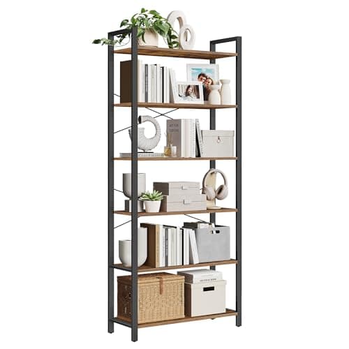 VASAGLE Industrial Style 6-Tier Bookshelf, Rustic Brown & Ink Black, 11.8x31.5x73.2 Inches