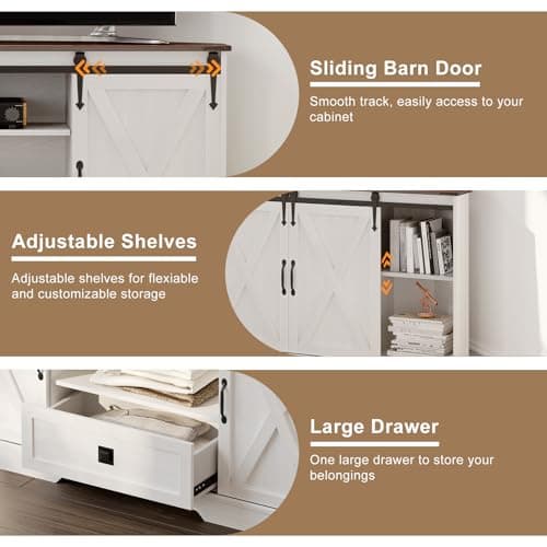 Corner TV Stand for 65 TV with Sliding Barn Door - White Wood Media Console, 58x15.7x31H
