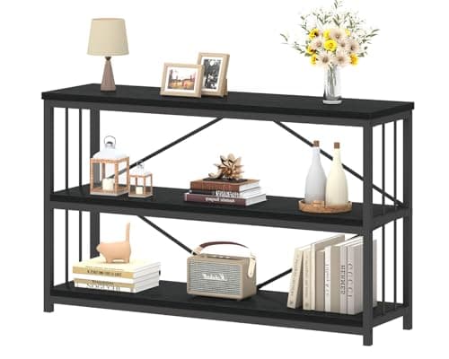 Industrial Modern 3 Tier Grey Rustic Metal and Wood Bookshelf, 63" Wide, Light Grey Oak, Living Room and Bedroom Storage