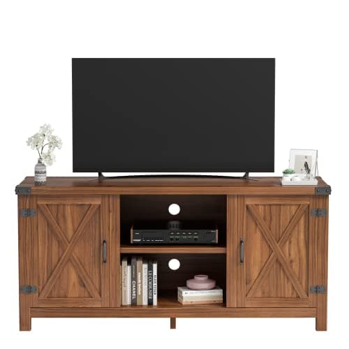 65 Inch Farmhouse TV Stand with Barn Doors and Storage Cabinets (Walnut)