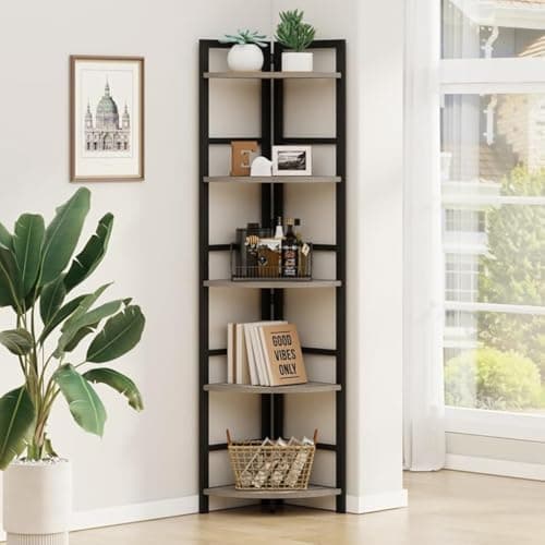 BON AUGURE Rustic Oak 5 Tier Industrial Corner Bookshelf