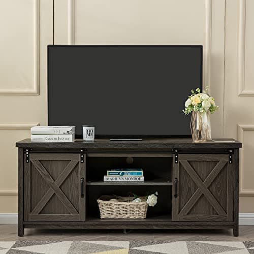 GAZHOME Dark Grey Rustic Modern Farmhouse TV Stand with Sliding Doors Storage