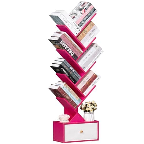 Natural 8-Tier Standing Wood Bookshelf with Drawer for Narrow Spaces
