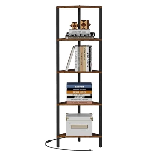 TUTOTAK Rustic Brown 5-Tier LED Corner Shelf for Small Spaces