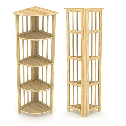 Folding Corner Bookshelf | Natural Wood Finish | 51x12.5x12.5 Inches | Book Shelf for Books and Trinkets | No Assembly Required | Foldable & Small for Home and Office