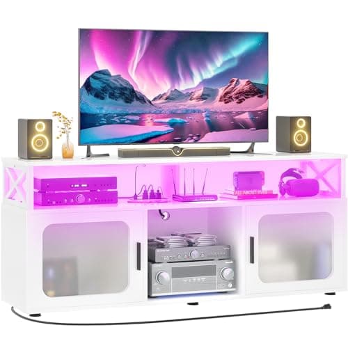 Modern TV Stand for 55-60 Inch TV with LED Light, Charging Station, and Soundbar Shelf