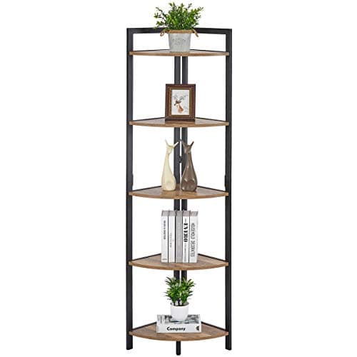 FATORRI Walnut Brown Rustic Tall 5-Tier Industrial Corner Bookshelf