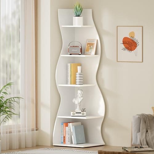 70 Inch 5 Tier White Corner Bookshelf Stand with Storage