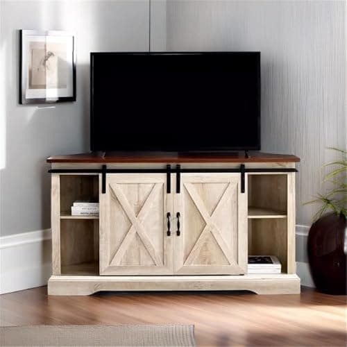 White Oak Finish Pemberly Row Wood Corner TV Stand with Sliding Doors & Adjustables