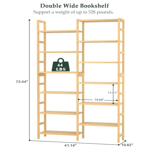 Homykic 6-Tier Double Wide Bamboo Bookshelf, 6ft Tall for Home Office, Bedroom, Living Room, and Plants
