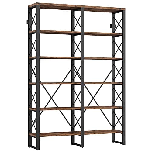 IRONCK Industrial Style Double Wide 6-Tier Wood and Metal Bookshelf, 76" Tall Home Office Bookcase, Easy Assembly