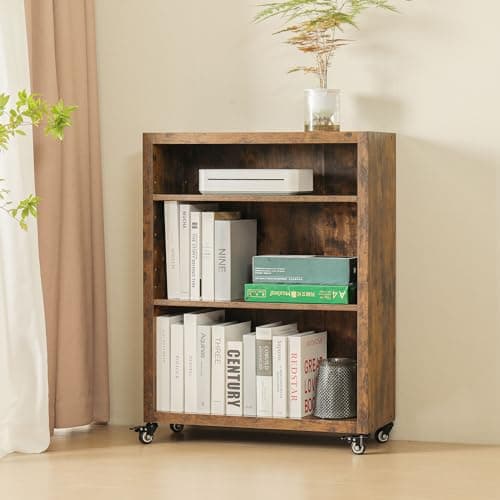 FUSUNBAO 3-Tier Antique Brown Bookshelf with Wheels for Living Room/Bedroom/Office