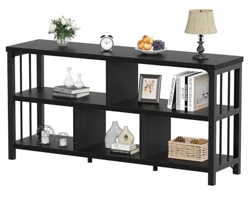 IBF Farmhouse 63" Long Wood Metal Bookshelf with 5 Cube Storage for Home Office and Living Room, Rustic Brown