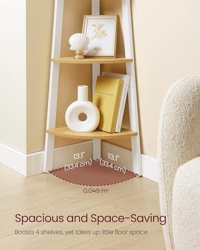 4-Tier Industrial Corner Shelf Stand for Living Room, Office, Kitchen - Natural Oak and Matte White