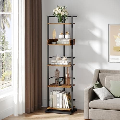 Rustic Brown 5 Tier Wood Bookshelf with Metal Edge Protection