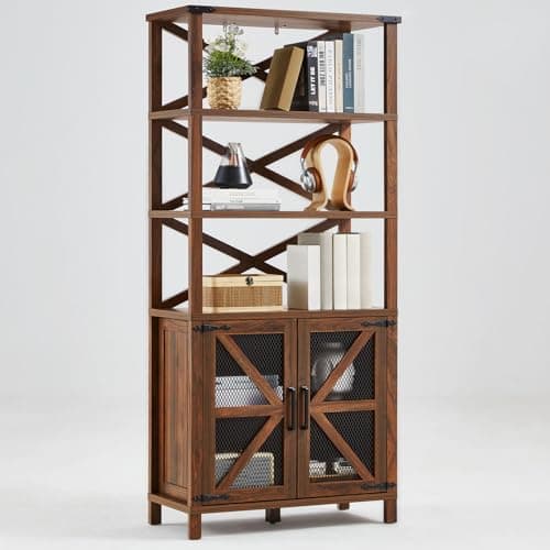 Navy Blue 5 Tier 70" Tall Barn Door Bookshelf for Living Room and Kitchen