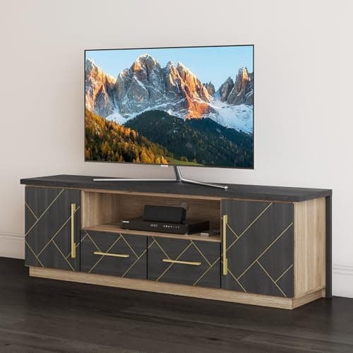 BELLEZE 70 Inch Modern TV Stand with Gold Trim & Storage for Living Room & Home Theater