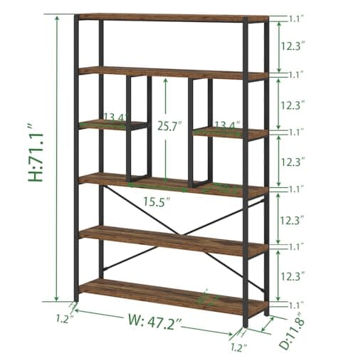 Vintage Brown Metal Wood 6 Tier Bookshelf for Living Room and Bedroom