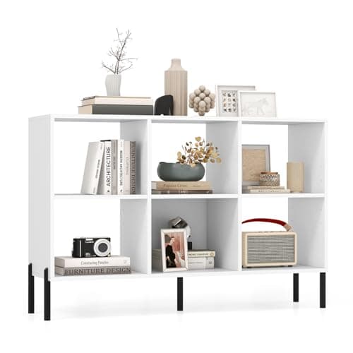 Giantex 6 Cube Bookcase, 3-Tier Wood Shelf, 47" Long, Anti-Toppling, 31.5" Tall