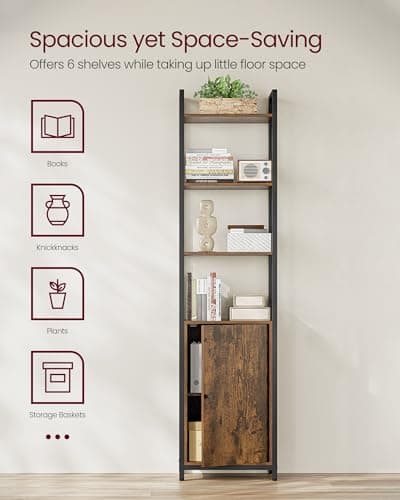 VASAGLE 6-Tier Tall Bookcase with Door, Rustic Brown & Ink Black