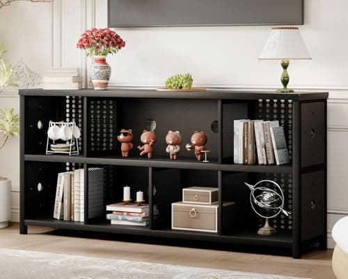 LVB Rustic Horizontal Bookshelf, Industrial Metal Wood Storage Organizer