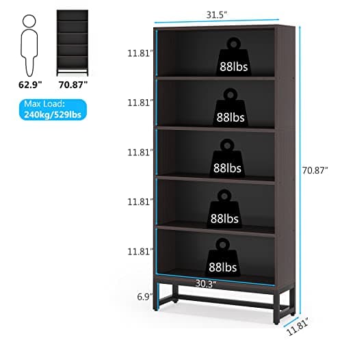 Tribesigns Sandalwood Large 70.8” 5-Tier Bookcase Organizer for Living Room, Bedroom