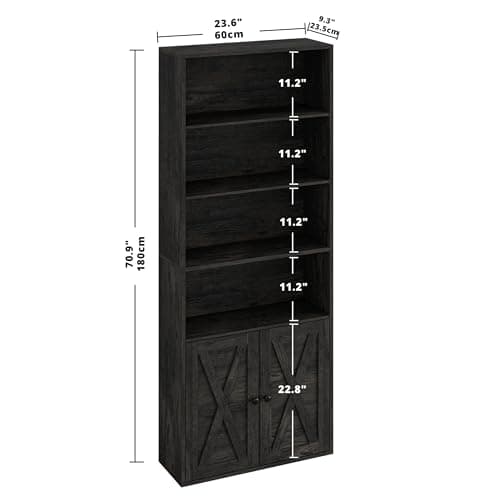 IRONCK Floor Standing 6 Shelf Bookcase with Doors 70 in Tall Home Office Living Room Storage