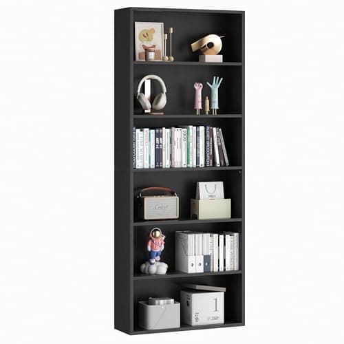 Vongrasig 6-Tier Black Floor Standing Wood Bookcase 71" Tall Home Office Living Room Bed Room Decor