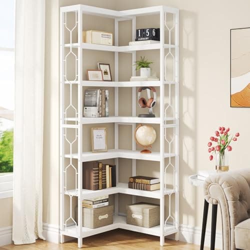 Tribesigns 7-Tier Industrial White Wood & Metal Corner Bookshelf