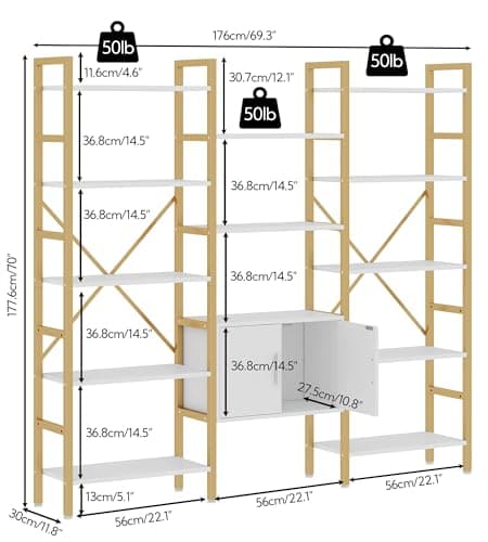 Yusong Industrial White & Gold Triple Wide 5 Tier Bookshelf with Storage