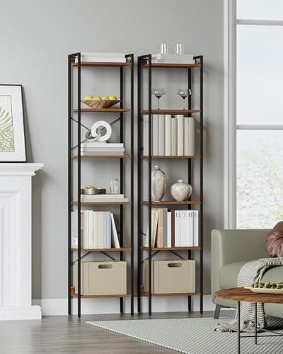Rustic Brown 6-Tier Bookcase with Hooks for Home Storage BC10701B