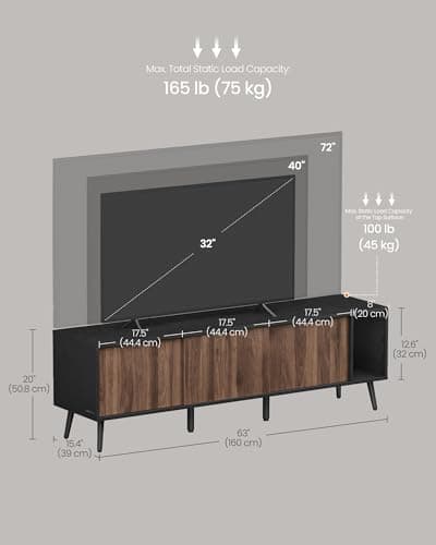 SONGMICS ULTV533B01 TV Stand, 72 Inch Max, Toolless Assembly, Storage Cabinet, Natural Walnut/Ebony Black