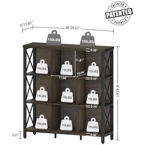 FATORRI 9 Cube Storage Bookshelf, Walnut Brown, Modern 4-Shelf Home Office