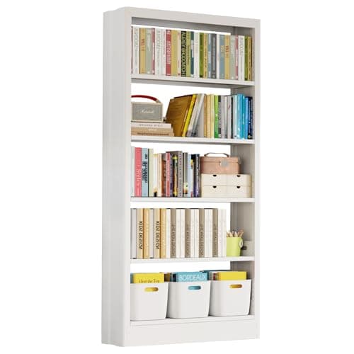 71" Tall Metal White Bookshelf with Adjustable Shelves, 5-Tier Heavy Duty, Modern Library & Living Room Book Case
