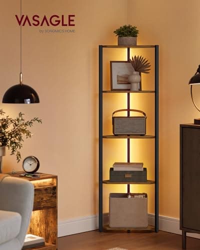 VASAGLE 5-Tier Corner Shelf Stand with LED Lights, Rustic Brown, for Living Room, Bedroom, and Study