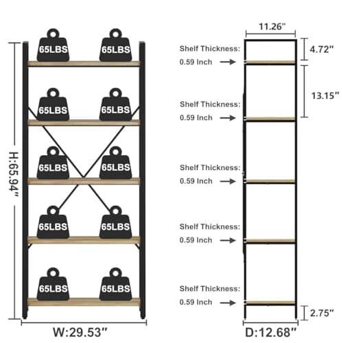 FATORRI Rustic Oak 5 Tier Bookshelf