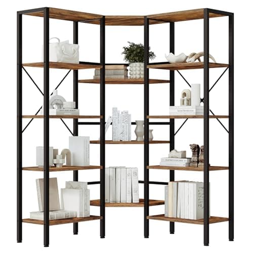 HOOBRO BF68SJ01 5-Tier L-Shaped Rustic Brown & Black Bookshelf