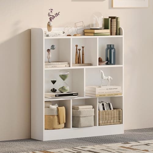 MXV 8 Cube Bookshelf, Wood Storage Organizer, White Free Standing for Living Room, Bedroom