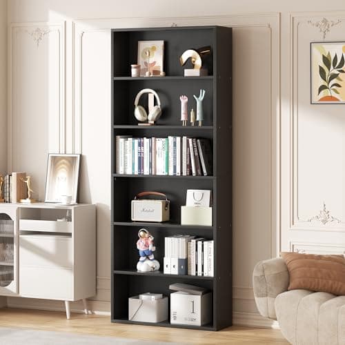 Vongrasig 6-Tier Black Floor Standing Wood Bookcase 71" Tall Home Office Living Room Bed Room Decor