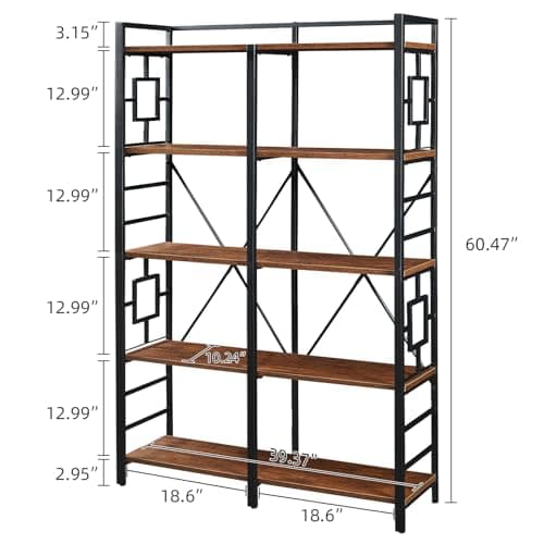 Industrial Double Wide 5-Tier Bookshelf for Home Decor - Rustic Brown
