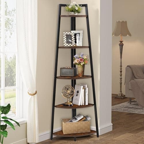 70" Tall Rustic Brown 5 Tier Corner Shelf for Books, Plants, Storage